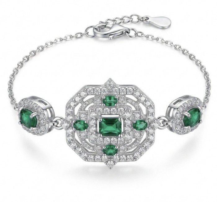 Art Deco - Pacifica - 4.4 carat Emerald .925 Sterling Silver handmade Statement Bracelet - Art Deco bracelet with emeralds and diamonds, top view, sterling silver.