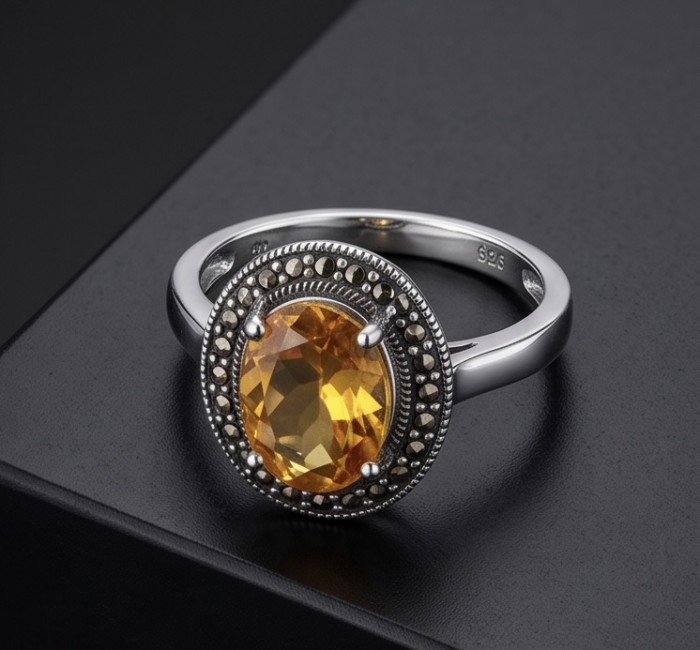 Authentic oval cut 10.2 carat Golden Topaz rhodium over .925 Sterling Silver ring s. 8 - Golden Topaz ring, top view, rhodium over .925 with detailed setting.