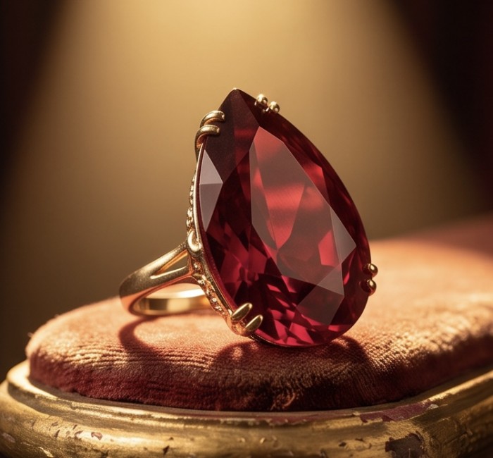 Carmen Natural 25.4 carat Ruby .925 Sterling Silver dipped in 22K Gold handmade Large Statement Ring size 6 - Close-up of Carmen Natural 25.4 carat Ruby ring on display.