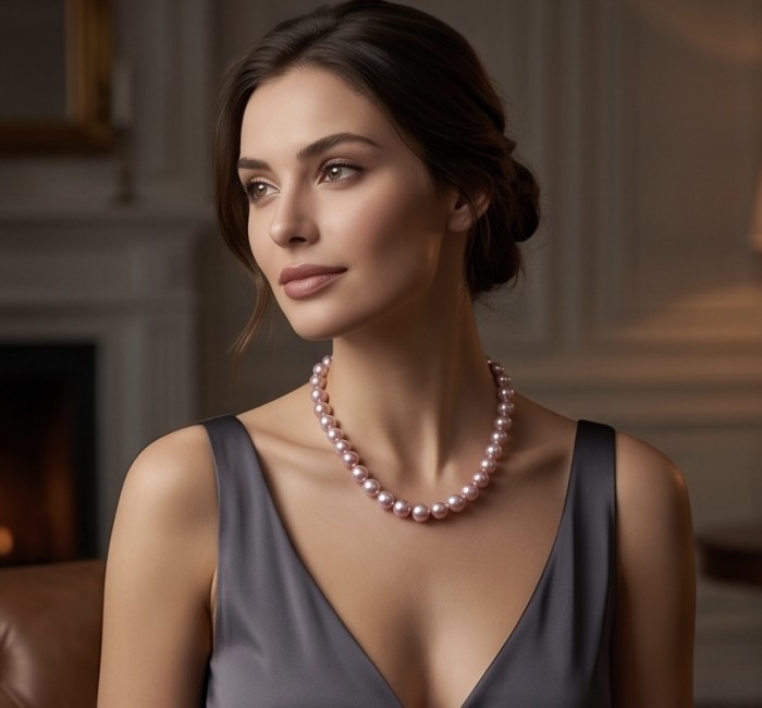ELEGANT PASTELS - Outstanding freshwater Pearl .925 Sterling Silver handcrafted Statement necklace - Side view of a woman wearing Elegant Pastels freshwater pearl necklace