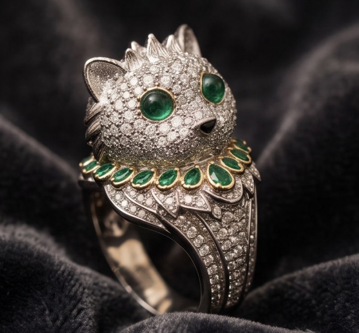 Elegant luxurious Cat 0.7 carat Colombian Emerald rhodium over .925 Silver handcrafted Cocktail Ring s. 8 - Cat-shaped ring with emeralds and diamonds on velvet background