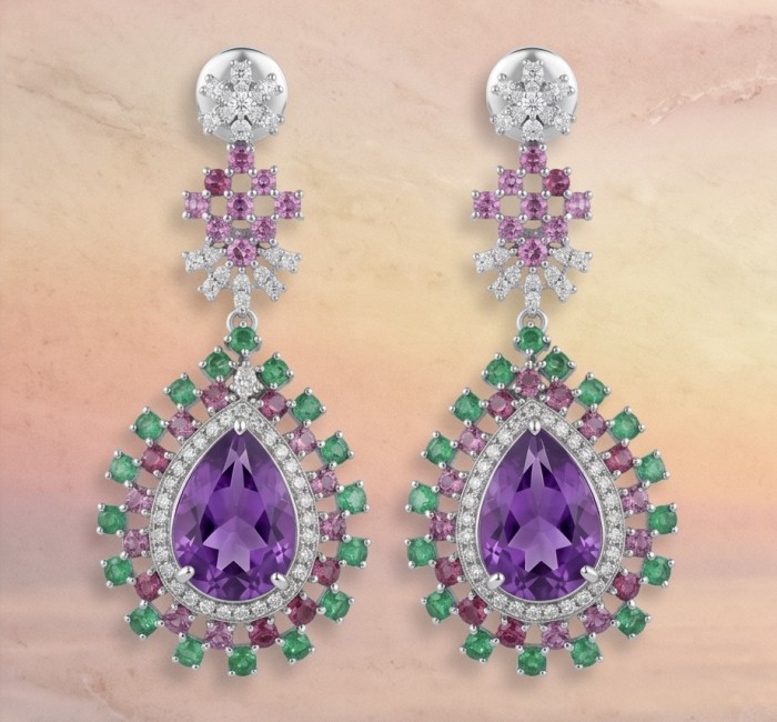 Giuseppina - Authentic 18.5 carat Amethyst rhodium over .925 Sterling Silver handcrafted Statement Earrings - Drop earrings with amethyst, pink, and green stones against a gradient background.