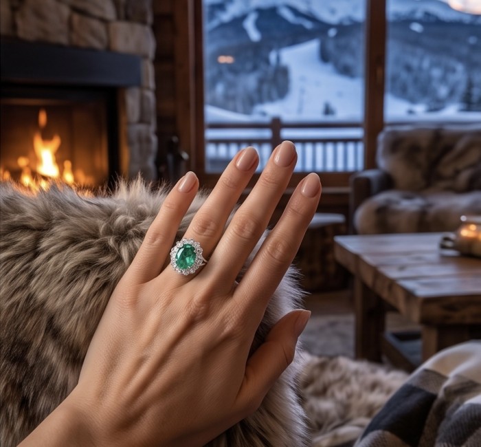 Precious 12.2 CARAT Colombian Emerald .925 Sterling Silver Statement Ring s. 7 1/4 - Emerald ring worn on hand by fireplace with snowy mountain view