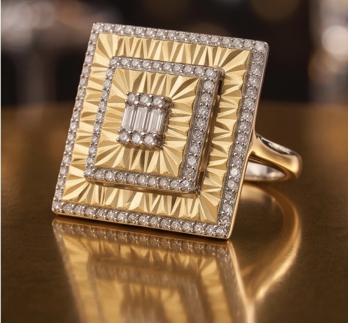 Art Deco 2.2 carat White Topaz 14K Gold over .925 Silver handcrafted Cocktail Ring s. 7 - Art Deco ring close-up; 2.2ct White Topaz, 14K Gold over .925 Silver
