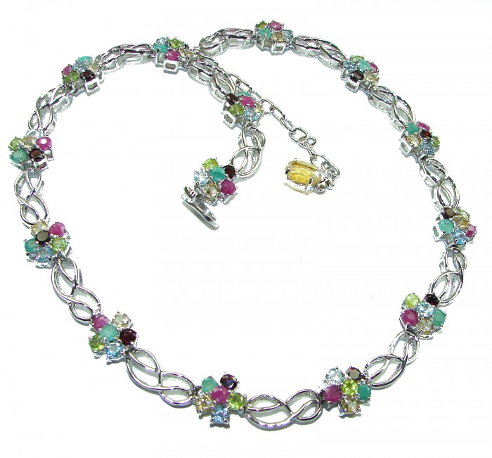 Luxurious Floral design Authentic Ruby Emerald .925 Sterling Silver handcrafted Statement necklace - photo 3