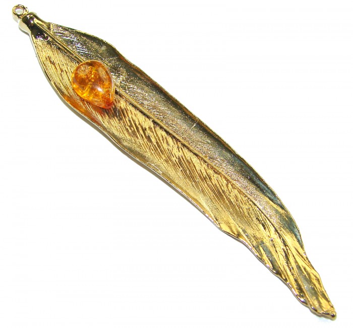 Stylish REAL Leaf Coved with Sterling Silver and 14K Gold Golden Topaz & .925 Sterling Silver Pendant - photo 1