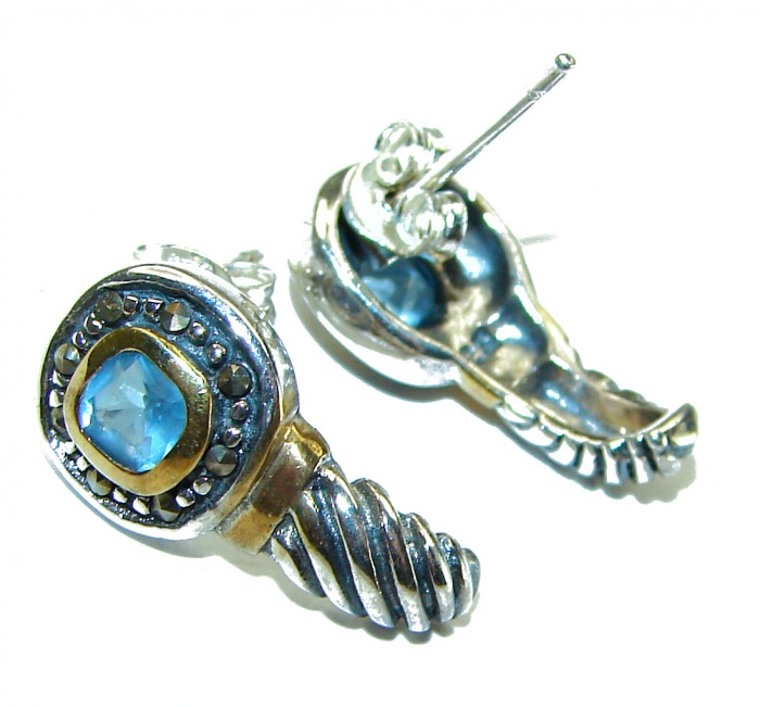 Seaside 2.5 carat Swiss Blue Topaz 2 tones .925 Sterling Silver handmade earrings - photo 1