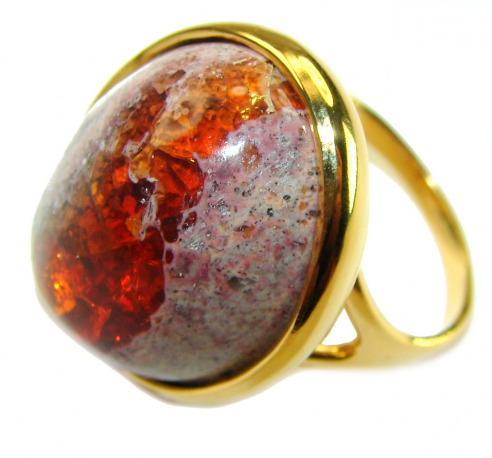 Golden River best quality 23.4 carat Mexican Opal 18K Gold over .925 Sterling Silver handmade ring 9 1/4 - Close-up of 23.4 carat Mexican Opal set in 18K gold ring.