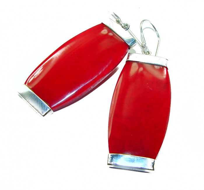 Large Genuine Red Fossilized Coral .925 Sterling Silver handmade earrings - Close-up of large red fossilized coral earrings with silver accents