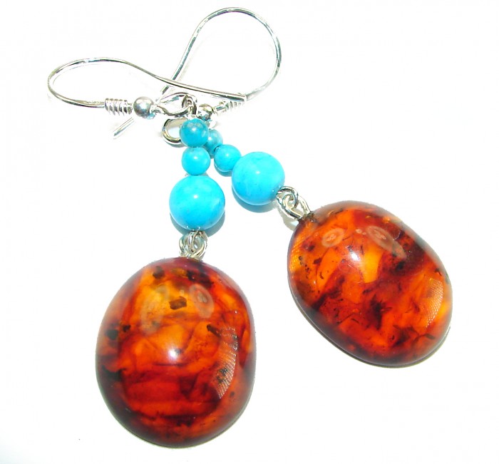 Baltic Polish Amber Turquoise .925 Sterling Silver Earrings - Amber and turquoise silver earrings, front view, close-up.