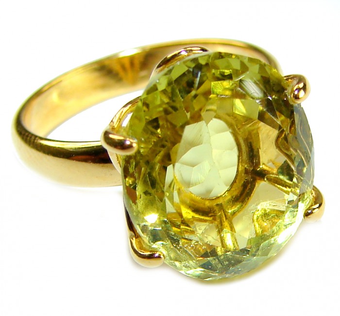 8.8 carat Genuine Lemon Quartz 14K Gold over .925 Sterling Silver handcrafted ring size 7 1/2 - Lemon quartz ring, close-up of stone set in 14K gold over sterling silver.