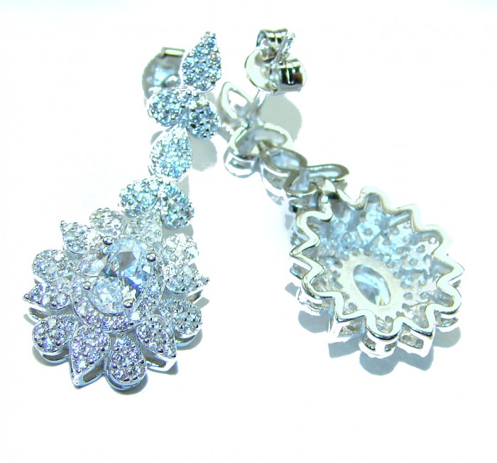 Precious genuine 7.9 carat White Sapphire .925 Sterling Silver handcrafted earrings - Close-up of white sapphire earrings in .925 sterling silver.