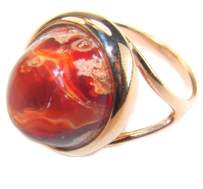 Orange Galaxy best quality 14.4 carat Mexican Opal 18K Rose Gold over .925 Sterling Silver handmade ring 7 - Mexican Opal 18K Rose Gold Ring, stone close-up.