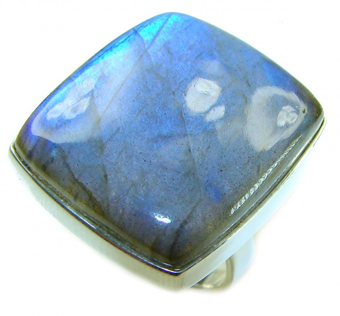Shimmering Natural Labradorite .925 Sterling Silver handcrafted Large ring size 8 adjustable - Close-up of shimmering natural labradorite in sterling silver setting.