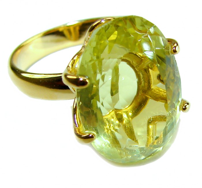 Solid 14.8 carat Genuine Lemon Quartz 14K Gold over .925 Sterling Silver handcrafted ring size 7 - Close-up of Lemon Quartz ring with 14K Gold setting