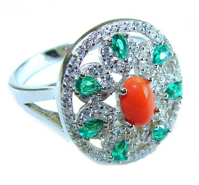 Serenity - 10.5 carat genuine Coral Emerald .925 Sterling Silver handmade ring s. 8 - Side view of ring with coral and emerald stones in sterling silver setting.