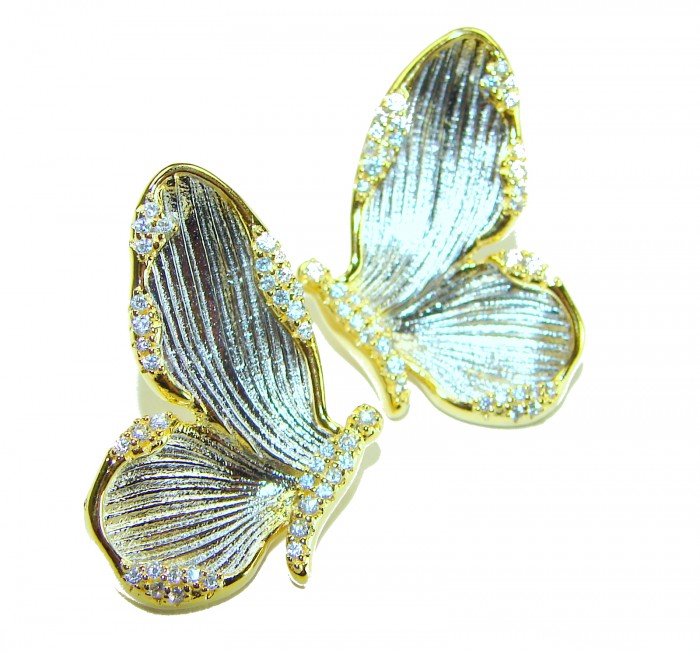 Golden Butterfly White Topaz highly polished 18K Gold over .925 Sterling Silver Italy made Earrings - Close-up of gold butterfly earrings with white topaz accents.