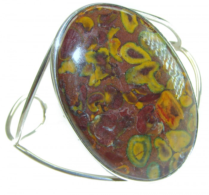 Excellent quality Leopard Skin Jasper .925 Sterling Silver handcrafted Statement Bracelet / Cuff - Leopard Skin Jasper stone in sterling silver bracelet, close-up view.