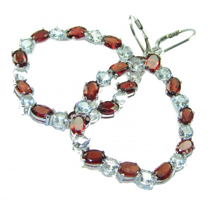 Long - Authentic 10.5ct Garnet White Topaz .925 Sterling Silver handmade earrings - Close-up of garnet and white topaz earrings on sterling silver.