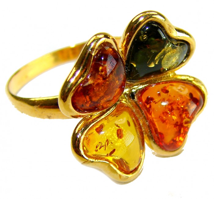 Beauty of the Nature Baltic Amber 14K Gold over .925 Sterling Silver handcrafted ring; s. 6 1/4 - Close-up of Baltic amber and gold ring with heart-shaped stones.