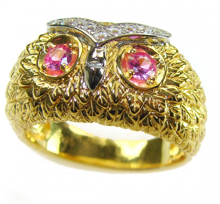 Owl Garnet Eyes .925 Sterling Silver dipped in real Gold handmade Ring size 9 - Gold owl ring with garnet eyes, front view, intricate feather detailing.