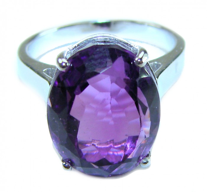 Odyssey 9.5 carat natural Purple Amethyst .925 Sterling Silver Handcrafted Ring size 6 - Close-up of Odyssey 9.5 carat purple amethyst ring, front angle.