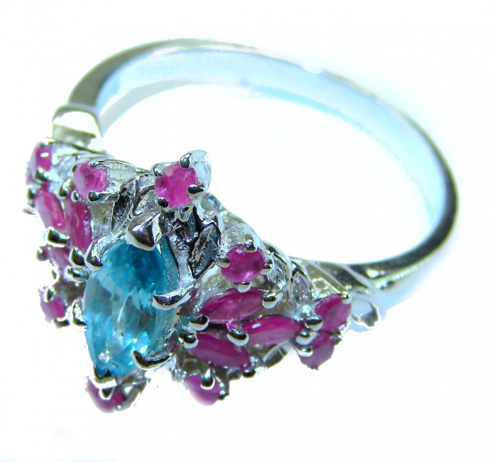 Emily 8.5 carat Swiss Aquamarine Ruby .925 Sterling Silver handmade Statement Ring size 9 - Side view of Swiss aquamarine ruby sterling silver ring.