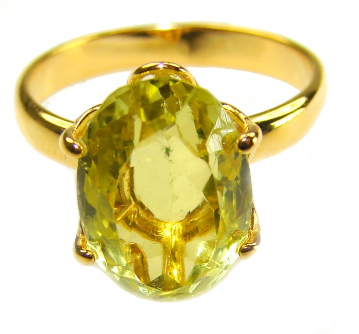 Solid 14.8 carat Genuine Lemon Quartz 18K Gold over .925 Sterling Silver handcrafted ring size 9 - Close-up of lemon quartz ring in 18K gold over sterling silver.
