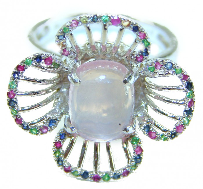 Vintage Design - Brazilian Rose Quartz 5.5 carat .925 Sterling Silver handcrafted Ring size 8 - Close-up of vintage-style ring with Brazilian rose quartz and colorful gems.