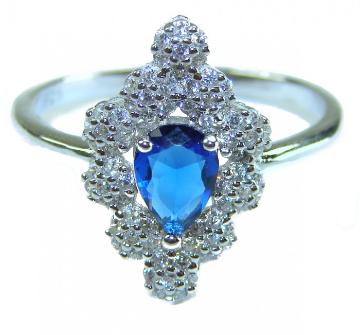 Born to Glam 2.2 carat natural Sapphire .925 Sterling Silver Perfectly handcrafted Ring s. 9 - Close-up of sapphire and diamond sterling silver ring.