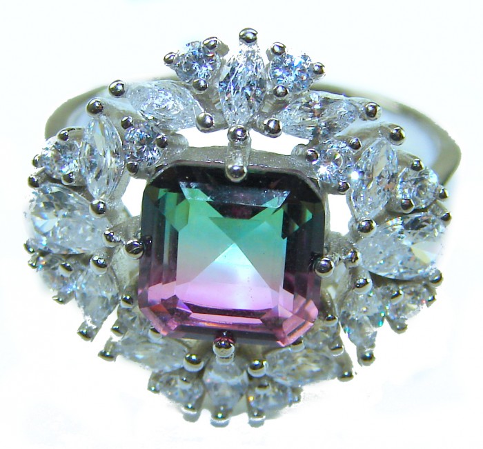 Assher cut 7.8 carat Brazilian Tourmaline .925 Sterling Silver Perfectly handcrafted Ring s. 7 1/2 - Close-up of Asscher cut Brazilian Tourmaline ring in sterling silver.