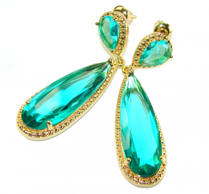 Eau Pure 10.5 carat AQUAMARINE 14K Gold over .925 Sterling Silver Handcrafted Earrings - Aquamarine earrings, front view, gold accents, 10.5 carat stones