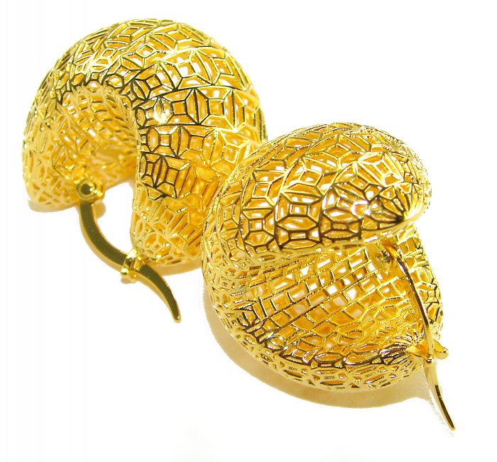 Dubai Style - Golden Flowers .925 Sterling Silver dipped in 22K Gold handmade Large Earrings - Dubai Style gold earrings, intricate pattern, close-up side view.