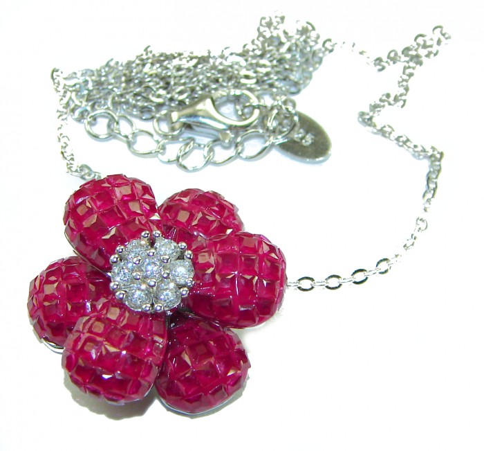 Red Flower 18.2 carat Ruby .925 Sterling Silver .925 Sterling Silver Statement Necklace - Red flower ruby necklace in sterling silver, clasp detail shown.