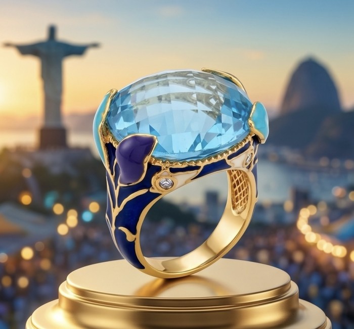 Dolce Vita 25.3 carat genuine Swiss Blue Topaz Enamel .925 Sterling Silver dipped in 22K Gold handcrafted Large ring size 8 1/4 - Close-up of Dolce Vita ring with Swiss Blue Topaz and enamel design