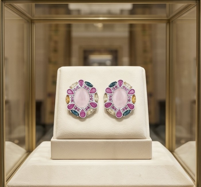 The Love Stone - Authentic 18.9 carat Rose Quartz .925 Sterling Silver luxuriously dipped in rhodium handmade earrings - Front view of pink gemstone earrings in display case.
