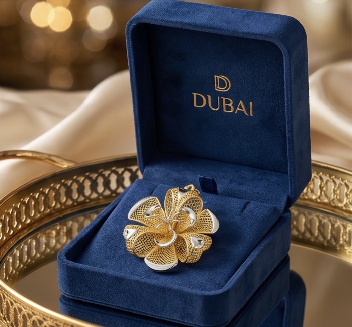 Dubai Style - Golden Rose .925 Sterling Silver dipped in 22K Gold handmade Pendant - Golden Rose pendant in blue box, top view, 22k gold and sterling silver.