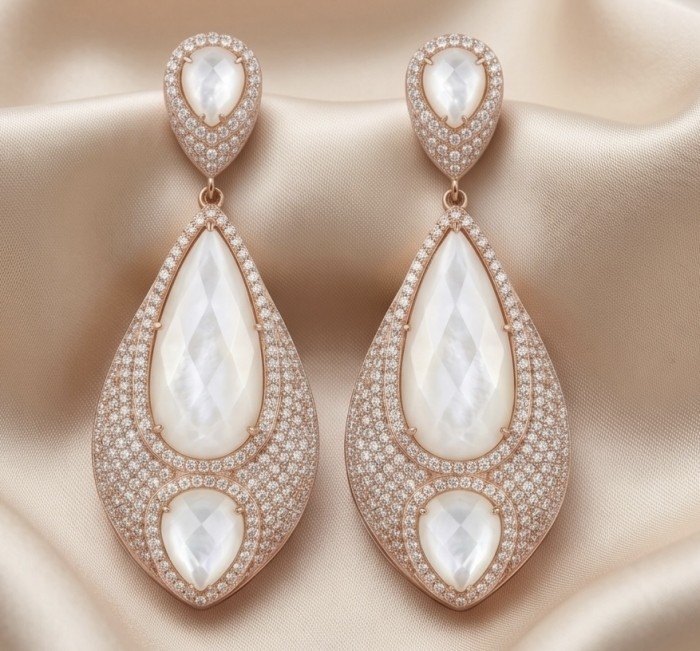 Genuine faceted Blister Pearl 18K Rose Gold over .925 Sterling Silver handcrafted Large Statement Earrings - Elegant drop earrings with faceted pearls and diamonds on satin background.