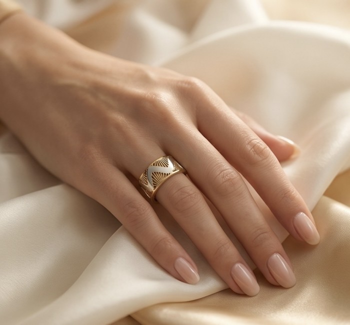 Secret code Precious Natural two tones .925 Sterling Silver Women ring size 12 - Gold ring with intricate design worn on hand, resting on silk fabric.