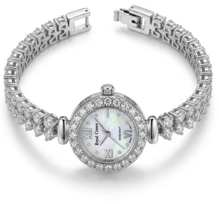 Precious 45.8 carat natural White Topaz .925 Sterling Silver handmade Bracelet - Watch - Top view of watch with white topaz and sterling silver bracelet.