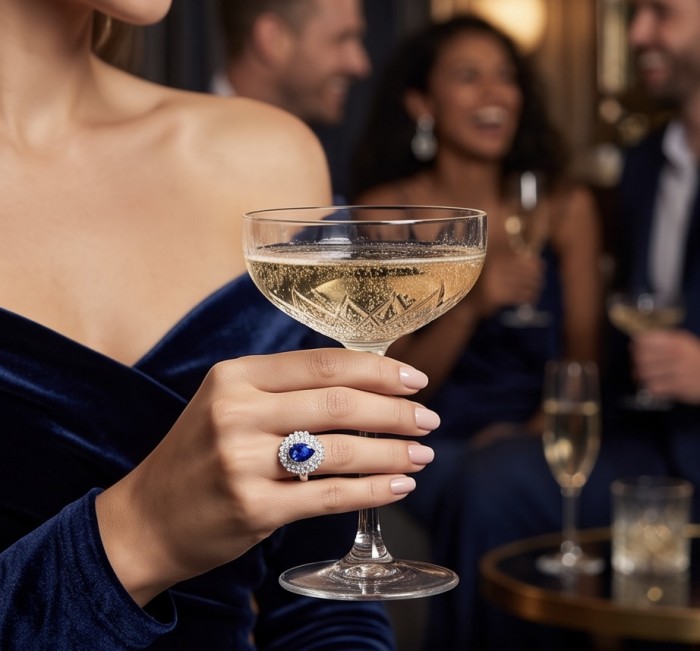 Julietta 4.5 carat Sapphire .925 Sterling Silver handmade Statement ring size 5 - Woman's hand wearing Julietta Sapphire ring holding champagne glass