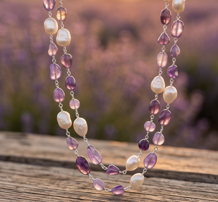 Giovanna - Top quality Natural Amethyst Mother of Pearl .925 Sterling Silver handcrafted 34 inches necklace - Side view of amethyst and mother of pearl necklace on wooden surface