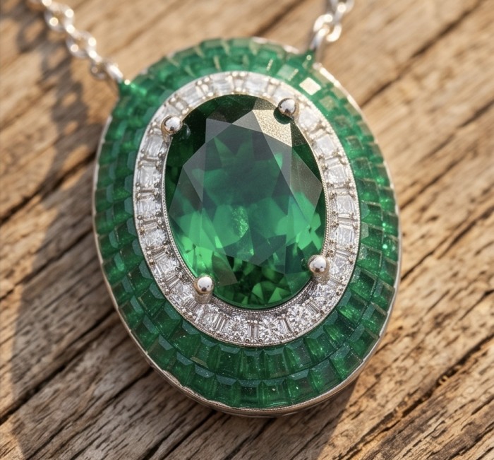 Art Deco - Royalty 10.2 carat Emerald .925 Sterling Silver .925 Sterling Silver Statement Necklace - Close-up of Art Deco 10.2 carat emerald pendant in sterling silver.
