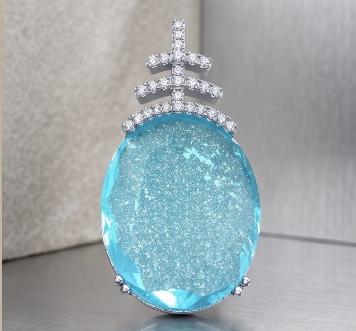 Angelina 14.9 carat authentic Aquamarine .925 Sterling Silver Handcrafted pendant - Aquamarine pendant close-up with sterling silver detail.