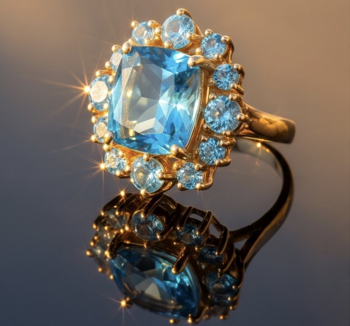 Nirvana Natural Fancy baquette cut 23.8 carat Swiss Blue Topaz .925 Sterling Silver dipped in 22K Gold handmade Statement Ring size 8 - Close-up of a fancy cut blue gemstone gold ring with a halo setting.