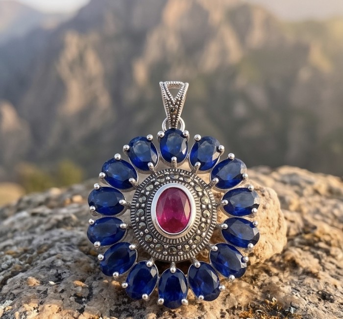 Giovanna 22.2 carat authentic Mozambique Ruby .925 Sterling Silver handmade Pendant - Ruby and sapphire pendant close-up on rocky background