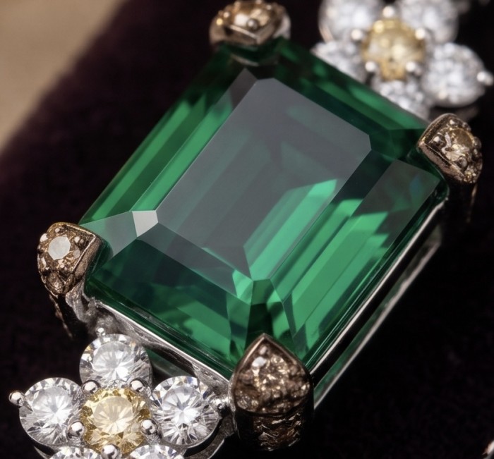 Authentic 14.8 CARAT Siberian Chrome Diopside rhodium over .925 Sterling Silver handcrafted earrings - Close-up of 14.8 carat Siberian Chrome Diopside with diamond accents