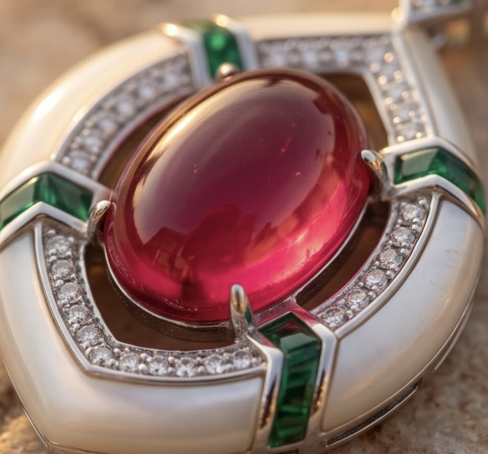 Art Deco - Countless Blessings Genuine 14.5 carat Authentic Ruby enamel rhodium over .925 Sterling Silver handcrafted earrings - Close-up of Art Deco jewelry with red stone and green accents.