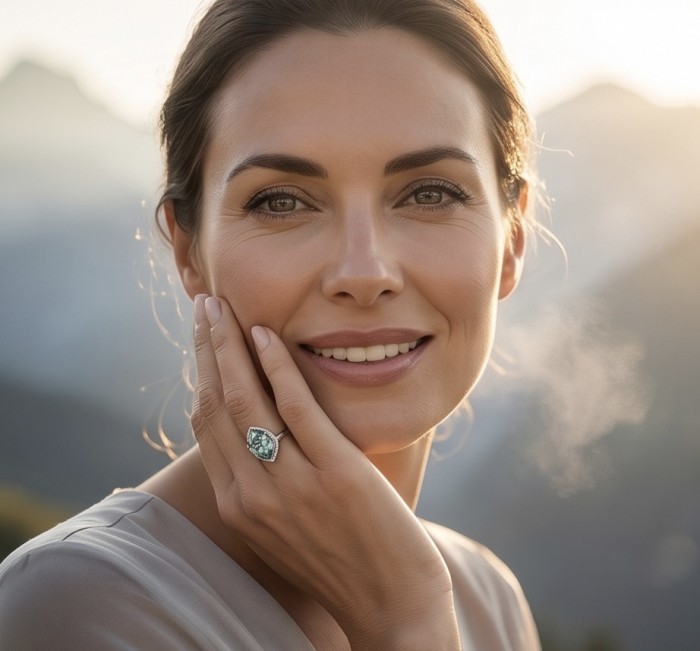 11.5 carat Grandidierite .925 Sterling Silver Handcrafted Ring size 6 1/4 - Woman wearing 11.5 carat Grandidierite ring on hand, mountain backdrop.