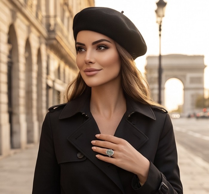 Mystery 22.5 carat Grandidierite .925 Sterling Silver Handcrafted Ring size 7 1/4 - Woman wearing Mystery 22.5 carat Grandidierite ring on hand in street scene.